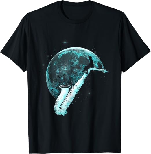 Uomo su un sassofone con luna sullo sfondo
